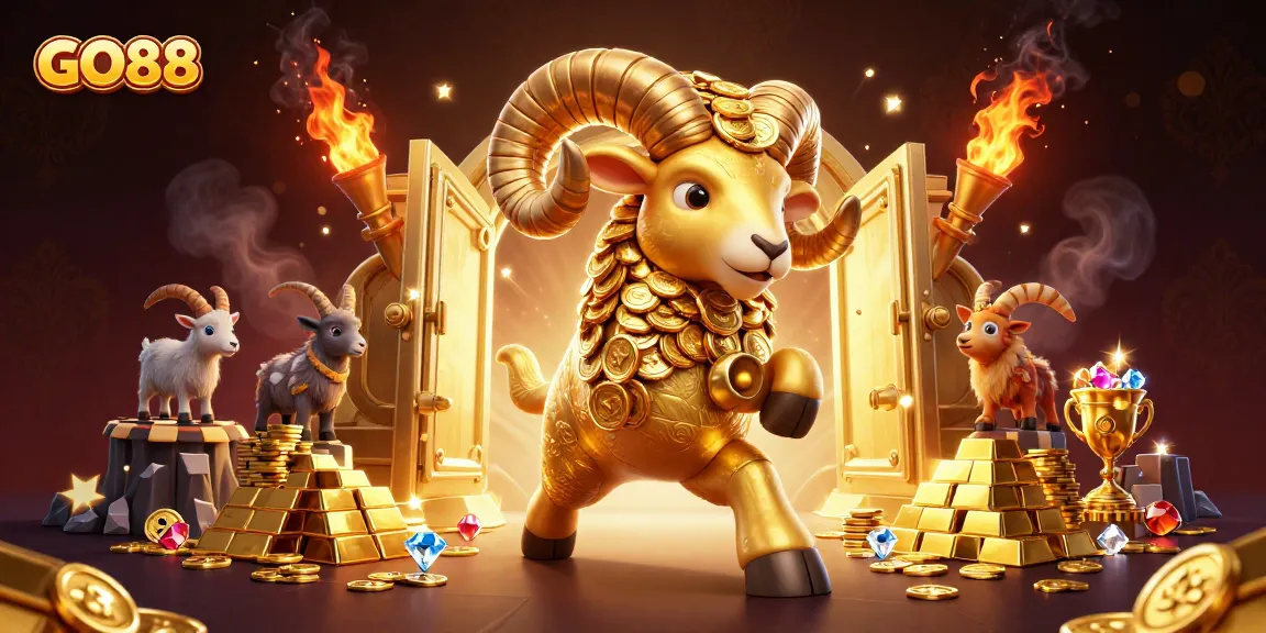Engage with GO88's thrilling golden gambling adventures, highlighted by a massive golden ram amidst treasure.