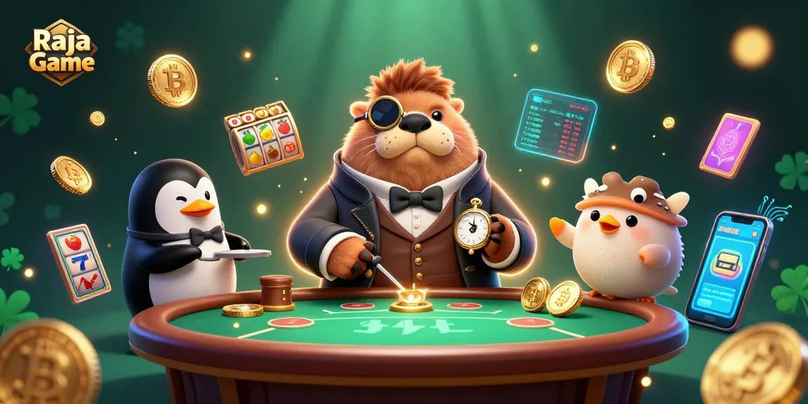 Play exciting games on Raja Game in this vibrant 3D scene featuring a walrus, penguin, and pufferfish.