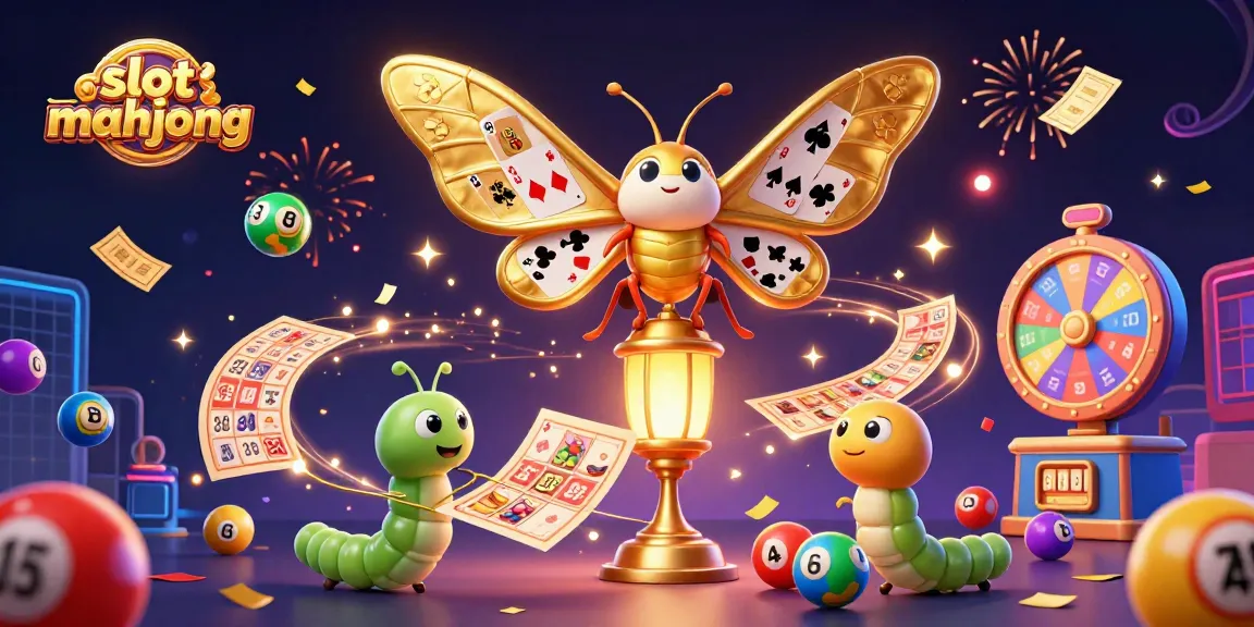 Play slot mahjong with vibrant elements like golden tickets, lottery balls, and celebrating characters!