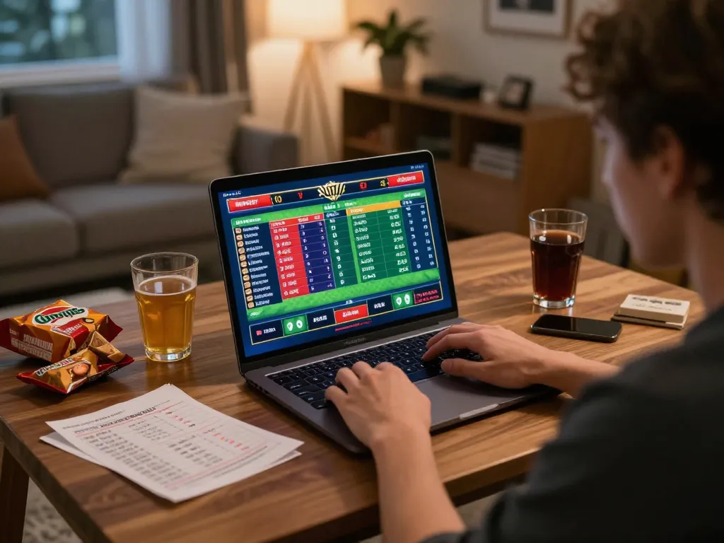 Engaged in sports betting with 789bet through a laptop in a cozy home environment