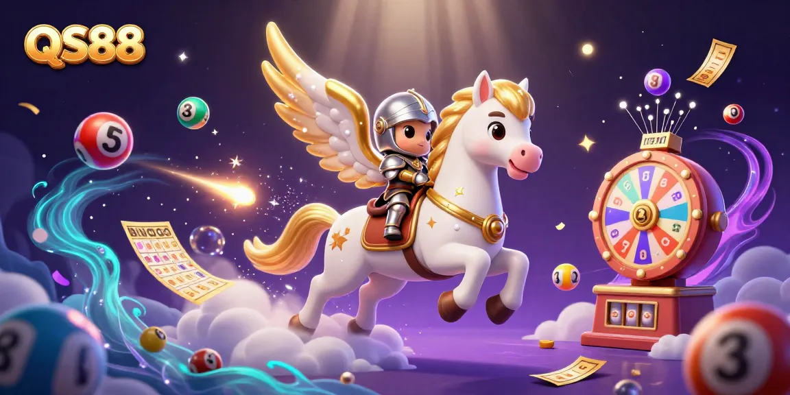 Experience the excitement of QS88 with a lively illustration of a celestial horse and knight amidst colorful lottery elements.