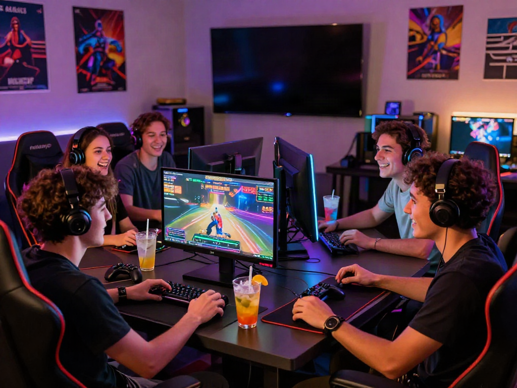 A lively gaming scene with friends discussing their akunjp wins, illuminated by colorful lights.