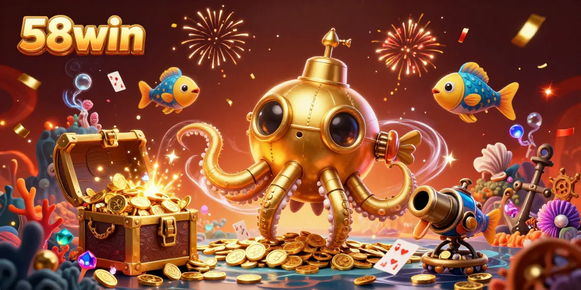 Engage with 58win's exciting gaming world as a golden kraken submarine beams through golden coins.