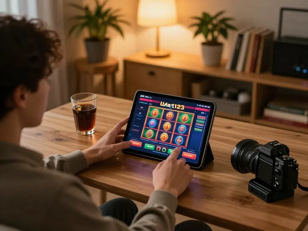 Terlibat dengan APK Ulat123 di tablet dalam pengaturan permainan rumah yang nyaman, menekankan kegembiraan kasino online