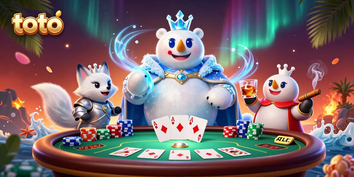 Toto poker scene with ice king and snow fox amidst colorful chips and cards.