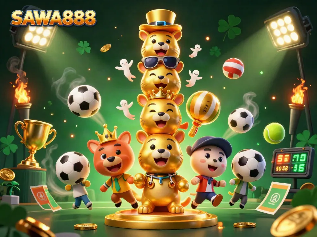 Bet on excitement with SAWA888 in this vibrant 3D casino illustration filled with dynamic sports elements.