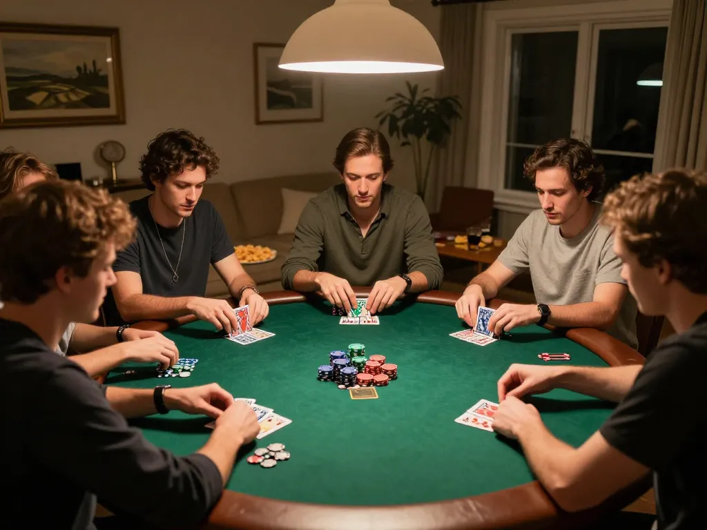 Players strategizing during a home poker game at KK55, showcasing intense gameplay.