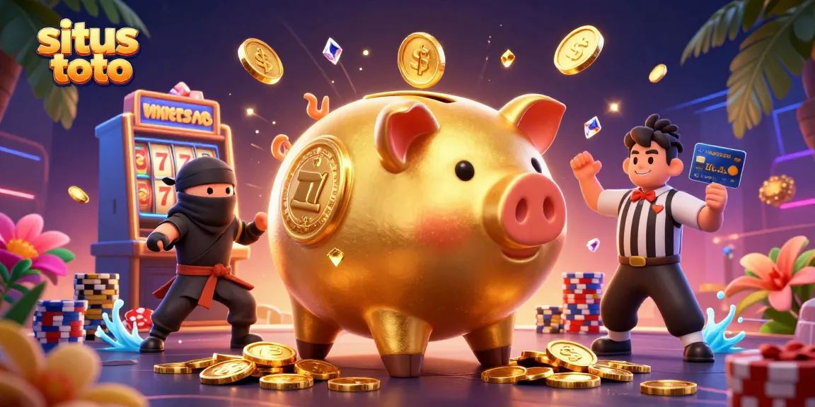 Experience situs toto action in this vibrant casino scene with a golden piggy bank sumo wrestler.