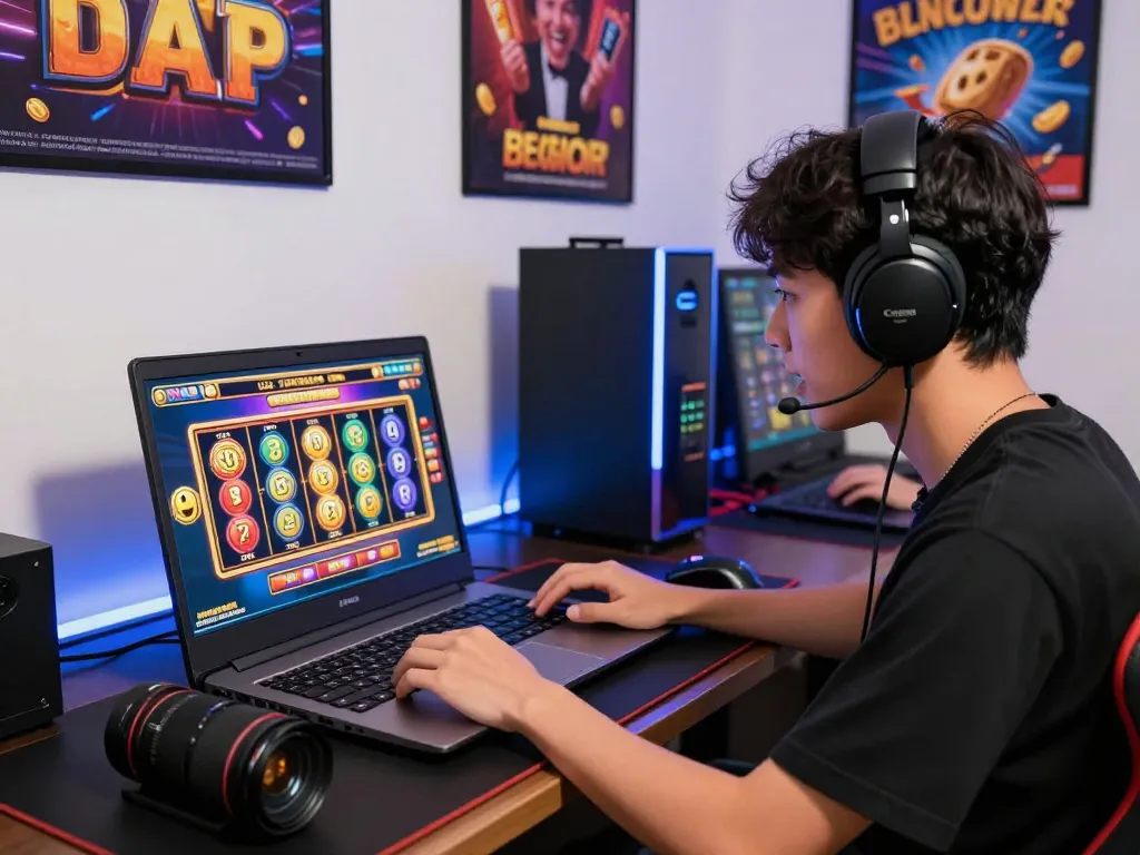 Pria muda bermain slot gacor online dengan visual permainan yang cerah dalam pengaturan permainan digital modern.