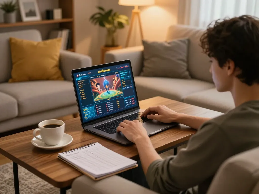 Lô đề online player strategizing on laptop in cozy home environment with coffee.