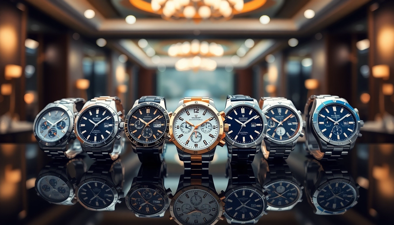 Showcase of luxurious replica watches with intricate designs on a sleek glass surface.