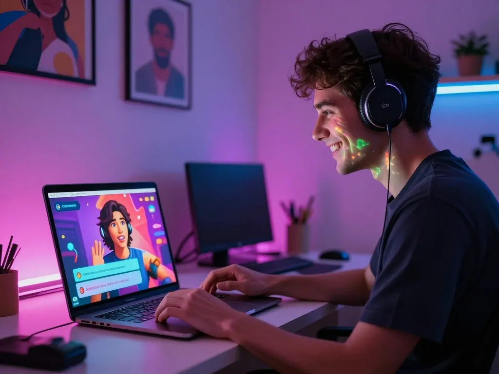 Interactive scene of user engaging with 18+ ai chatbot in a vibrant workspace setting.