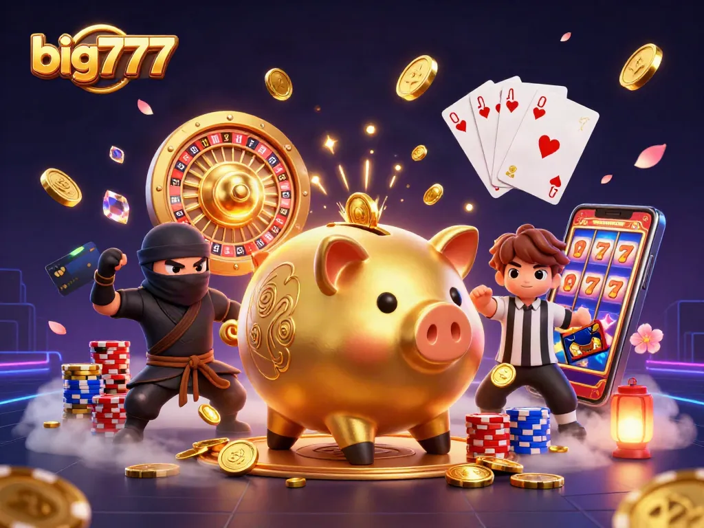 Experience big777 with a dynamic scene of golden piggy bank wrangling coins in a lively casino atmosphere.