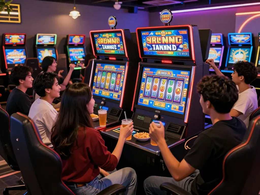 Group of friends enjoying situs slot gacor experience in a vibrant gaming lounge