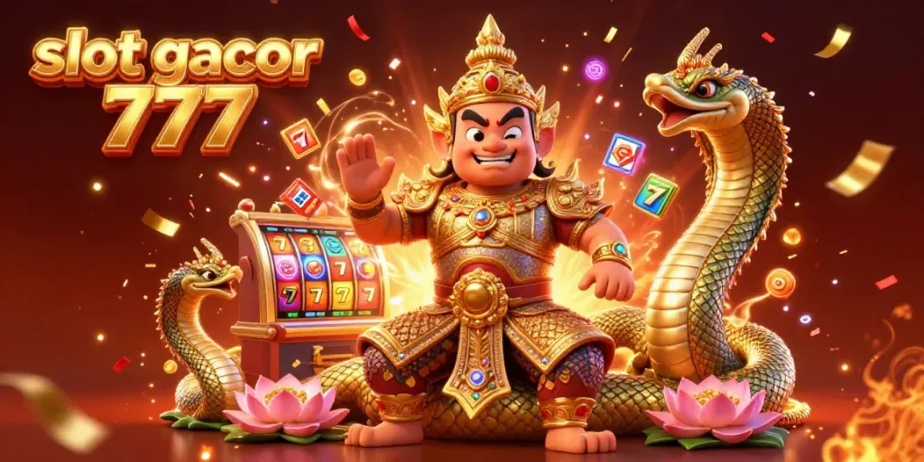 Ilustrasi slot gacor 777 dengan pemenang jackpot dan slot yang berkilauan.