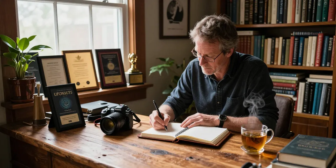 Author T Allen Greenfield writing in a cozy home office at https://tallengreenfield.com surrounded by books and awards.