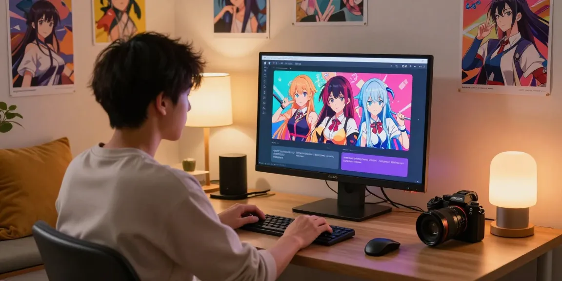 Dynamic scene showcasing hentai ai chat interaction in a cozy home office.