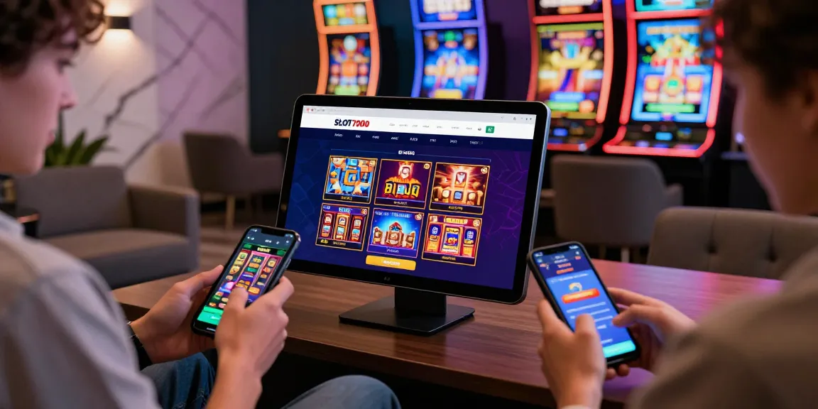 Engaged players enjoying the SLOT7000 online gambling platform, showcasing smartphone deposits and dynamic game graphics.