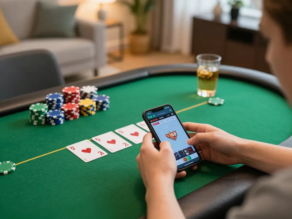 w188 players engaging in an online poker game with vibrant chips and cozy home setup