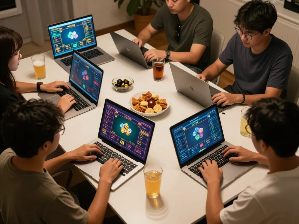 Tai Xiu online gaming scene with players focused on their screens and dice action, creating an engaging atmosphere.