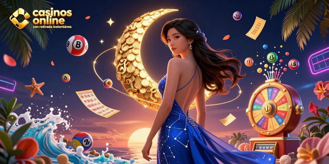 Engage with casinos online con retirada instantánea featuring an elegant Asian woman amidst lottery and gaming excitement.