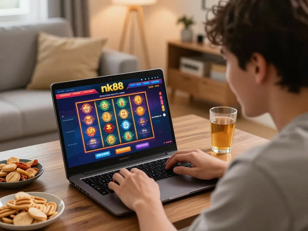 Player enjoying a thrilling moment on nk88 online casino platform, engaging with vibrant slot games on laptop.