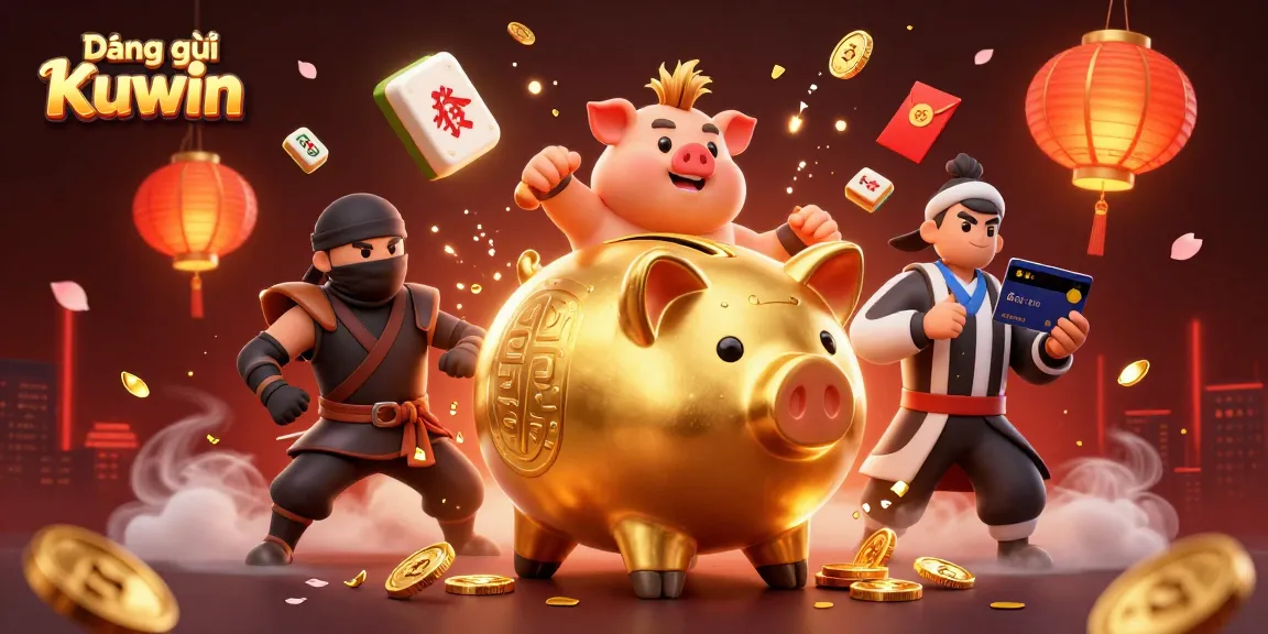 Engage in Đăng ký Kuwin with a vibrant scene of a golden piggy bank sumo wrestler and dynamic gambling elements.