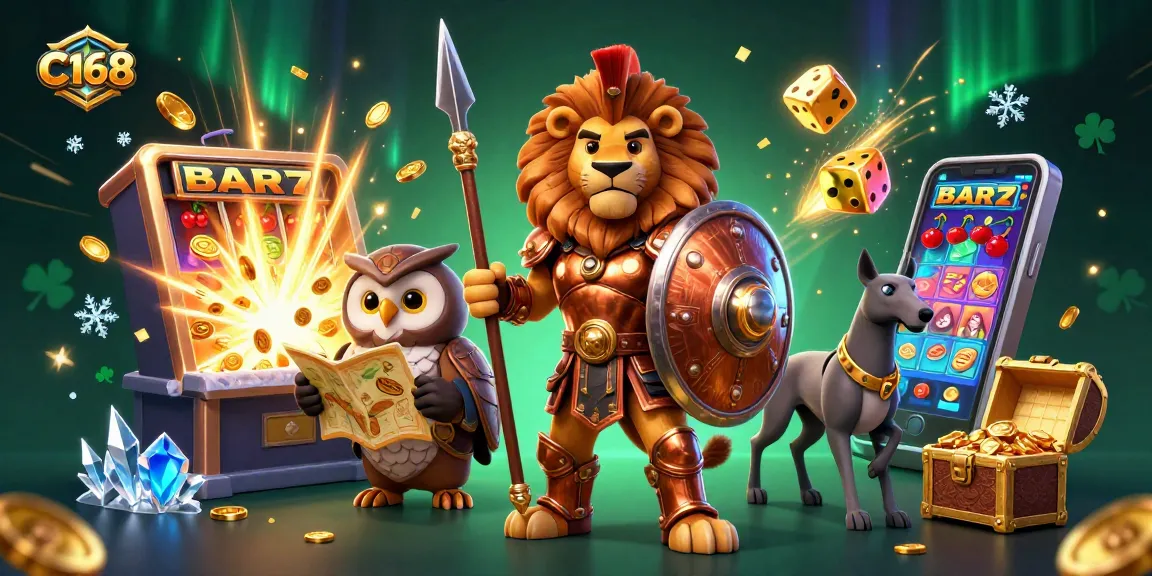 Engage with C168, where a Spartan lion leads a thrilling casino adventure with slot machines and winning symbols!