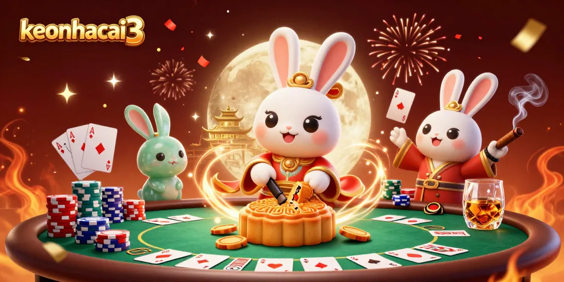 Engage with keonhacai3's vibrant scene of a lunar poker adventure featuring festive elements and dynamic game action.