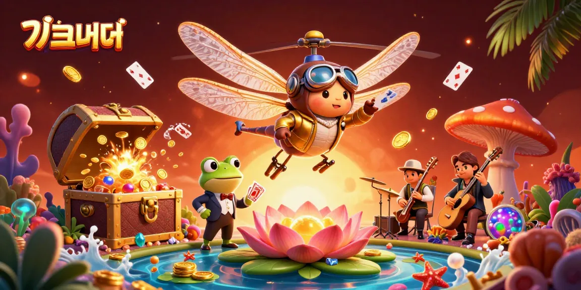 Experienceแทงบอล excitement with a 3D cartoon dragonfly pilot and frog croupier in a vivid casino scene.