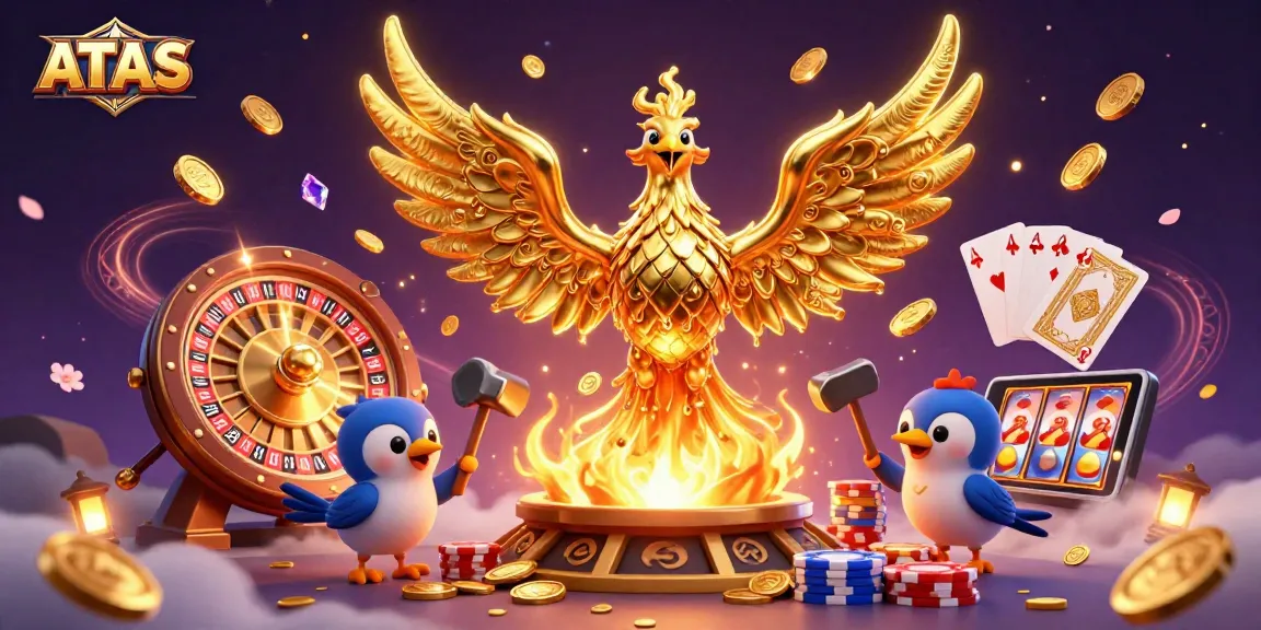 Engage with ATAS Casino's dynamic scene featuring a molten golden phoenix amidst a flurry of coins and gems, promoting thrilling gameplay.