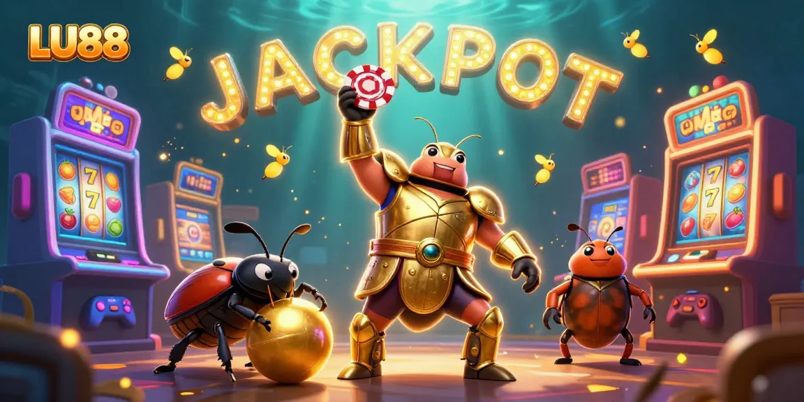 LU88 celebrates wins with a dynamic scene featuring a hercules beetle and slot machines