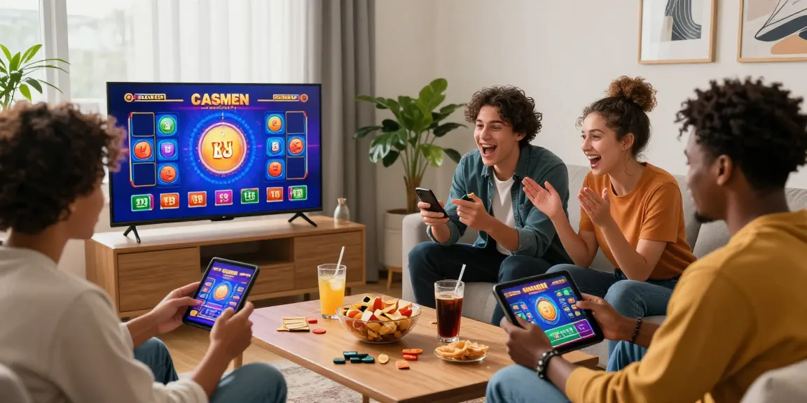 Excited friends exploring new online casinos in the UK from home, showcasing mobile gaming with snacks and live casino features.