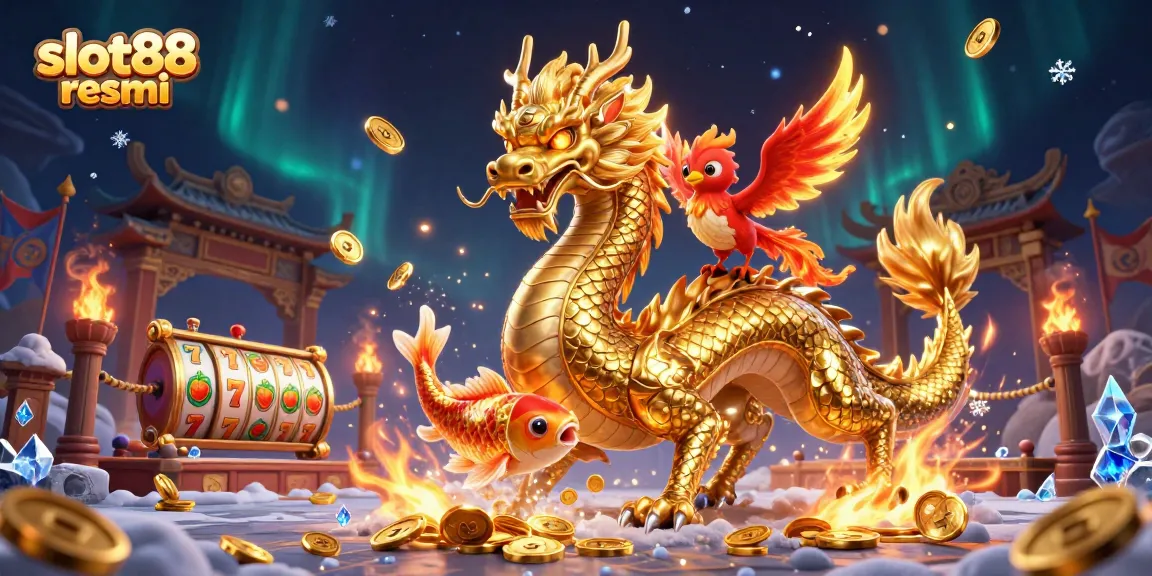Engage with slot88 resmi's vibrant gaming universe featuring a golden dragon and phoenix.