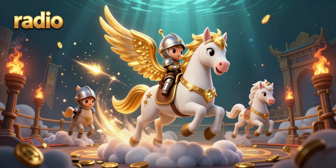 Experience the thrill of betting as a celestial horse and knight guide you in a vibrant casino radio adventure.
