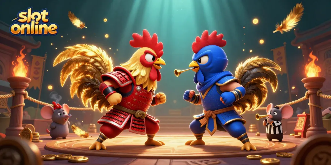 Menangkan slot online dengan berbagai simbol keberuntungan dan pertempuran seru antara ayam jantan di arena.