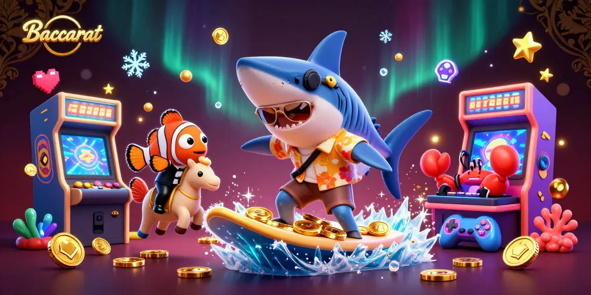 Experience Baccarat gaming action with a shark, clownfish, and crab DJ in a vibrant casino scene.
