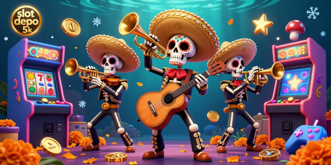 Engage with vibrant slot depo 5k action featuring a lively mariachi band surrounded by arcade games and slot symbols.