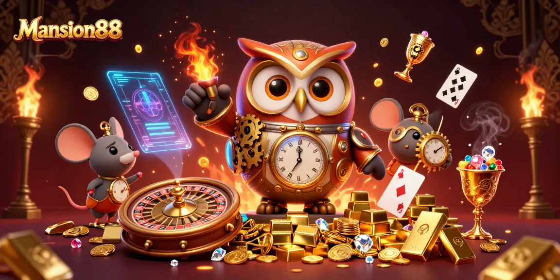 Mansion88 invites players to enjoy a thrilling casino experience with steampunk-themed owl and rich gambling elements.