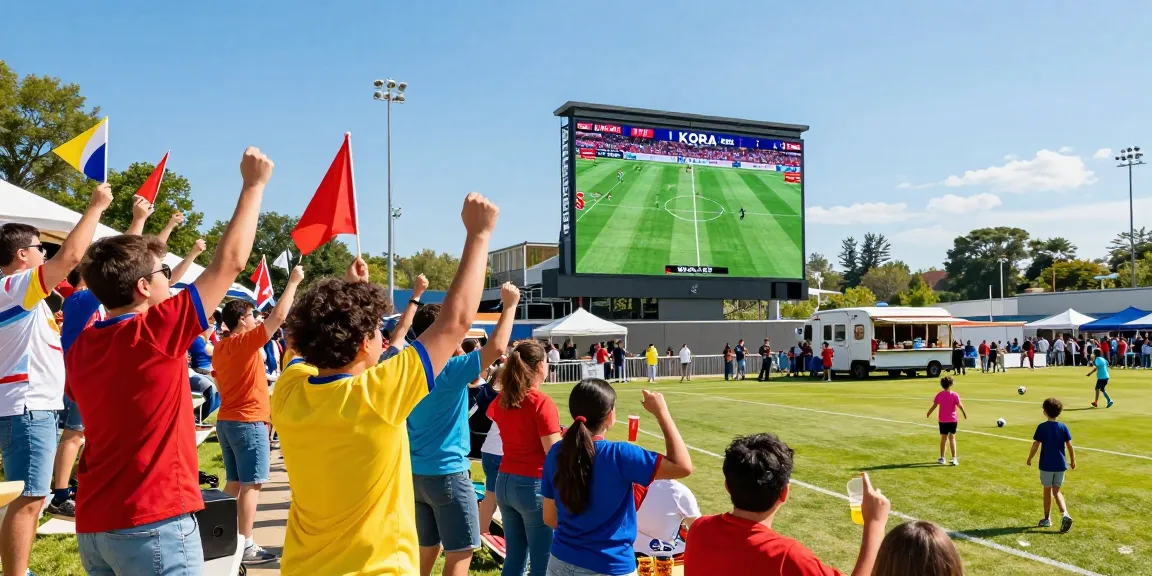 Fans celebrating kora live soccer match outdoors in a vibrant atmosphere