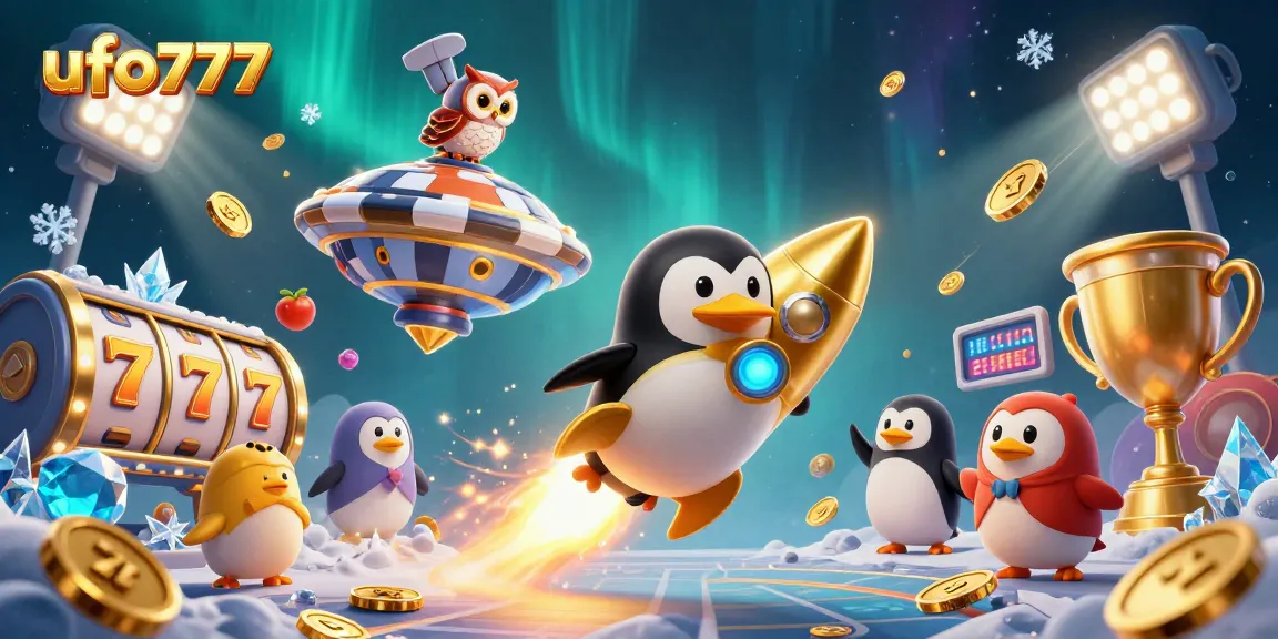 Engage with ufo777 by exploring a vibrant casino adventure with golden penguins and slot reels.