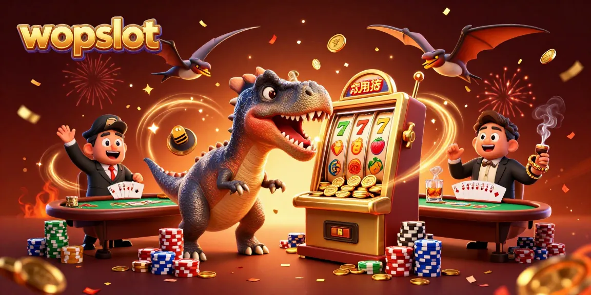 Experience the thrills of wopslot with cartoon dinosaurs celebrating jackpot wins and abundant casino action!