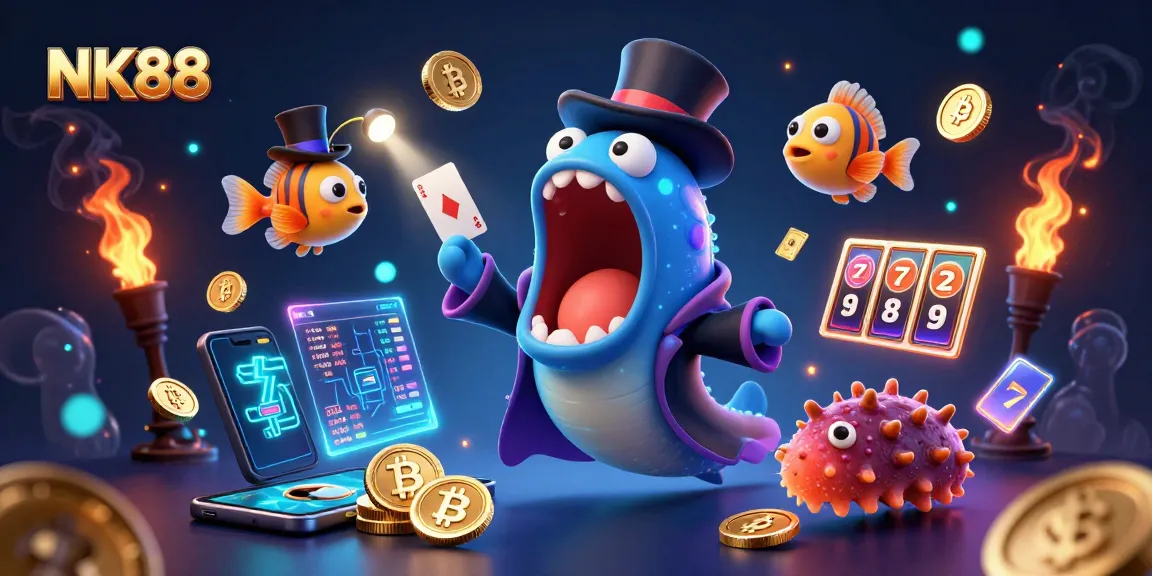 Experience NK88's magical gambling world with card tricks and glowing cryptocurrencies.