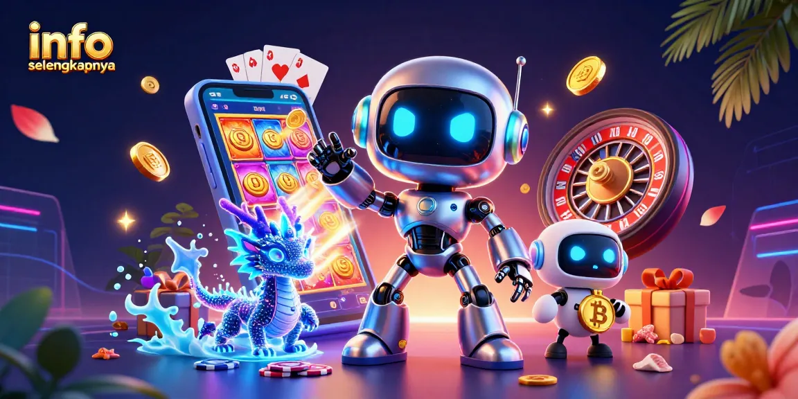Menampilkan info selengkapnya, ilustrasi robot cyberpunk dan dragon holografis dalam suasana kasino
