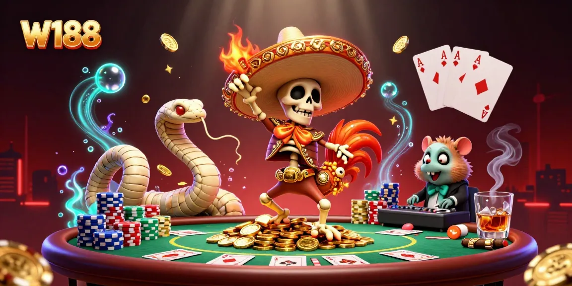 W188 showcases an engaging victory dance scene with vibrant casino elements and characters.