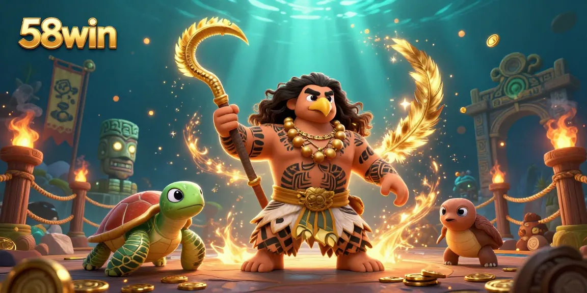 Join the thrilling action at 58win with a magical scene depicting a demigod and turtle, surrounded by gaming symbols.