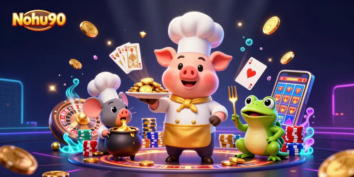 Nohu90 presents a vibrant 3D scene featuring a cartoon chef pig and a sous-chef mouse amidst flying gold coins and gaming excitement