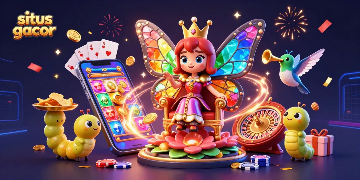 Experience gaming excitement with situs gacor featuring a vibrant butterfly queen and animated casino elements.